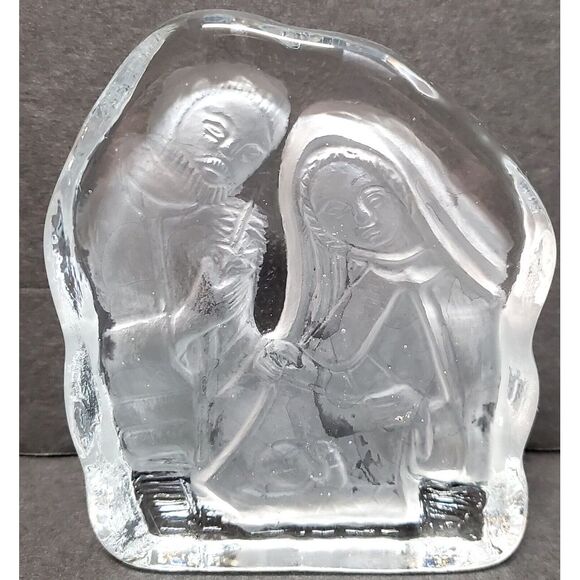 VTG '80s Paperweight Nativity Manger Scene Clear & Frosted Glass Holy Family Art - Picture 2 of 12